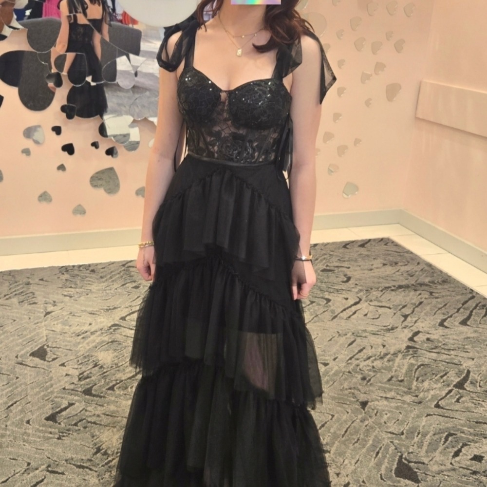 Macy's Tiered Tulle Gown Women Black Corset Lace Sequin Formal Maxi Dress